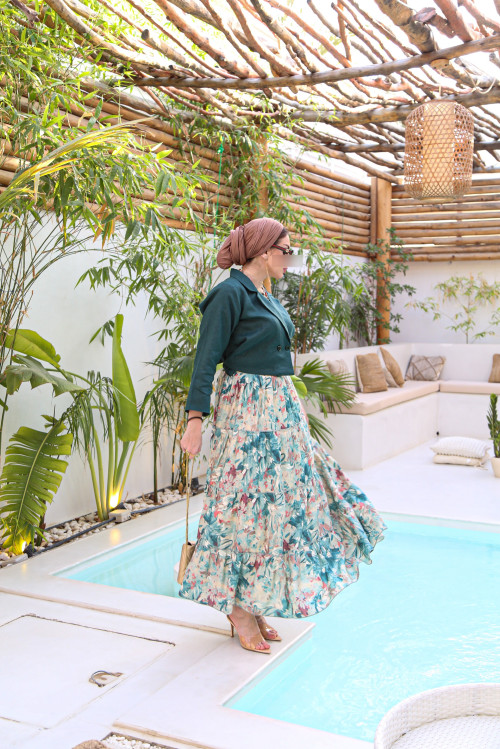 Turquoise jacket set with layered skirt
