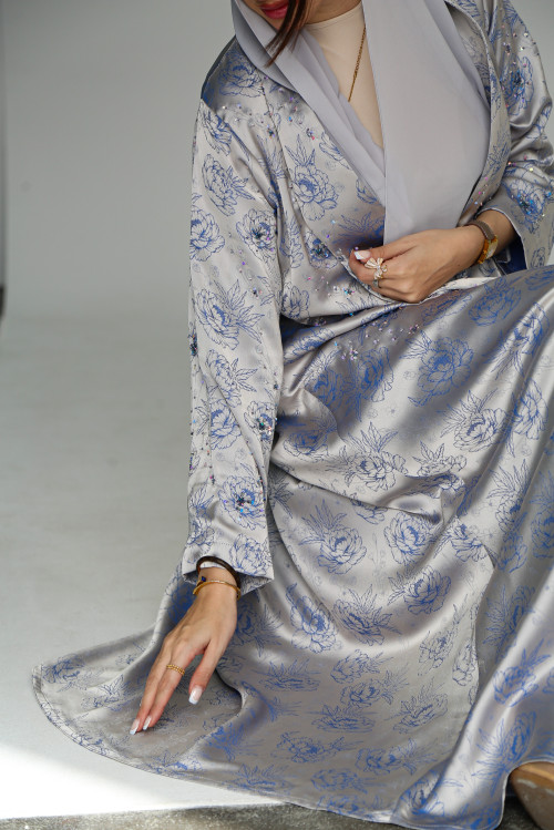 Metallic blue satin silk abaya