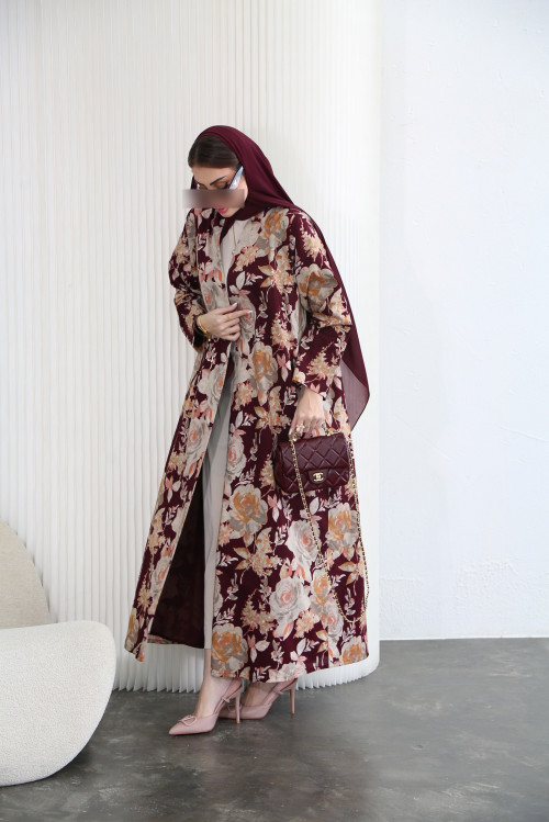 Colorful Roses Abaya - Burgundy