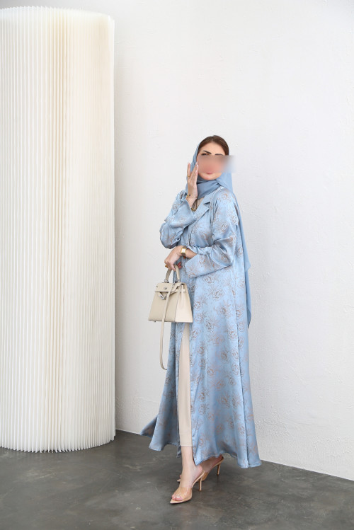 Metallic blue satin silk abaya