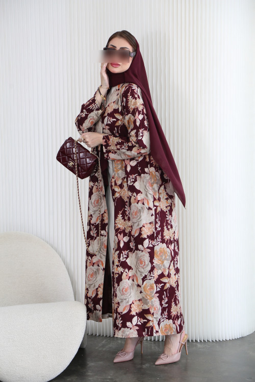 Colorful Roses Abaya - Burgundy