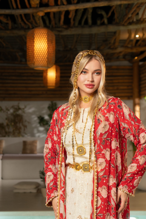 Indian bisht in red and cream