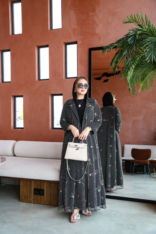 Embroidered striped organza abaya