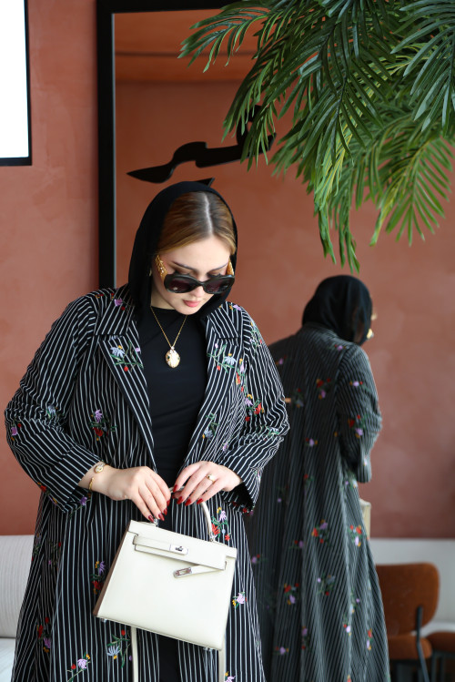 Embroidered striped organza abaya