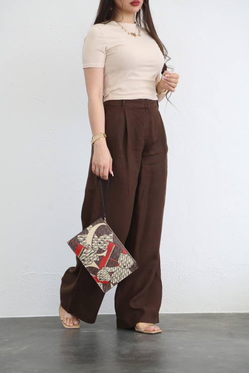 Wide chocolate brown trousers in 100% linen