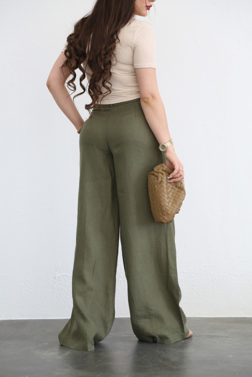 Diwani green wide trousers in 100% linen