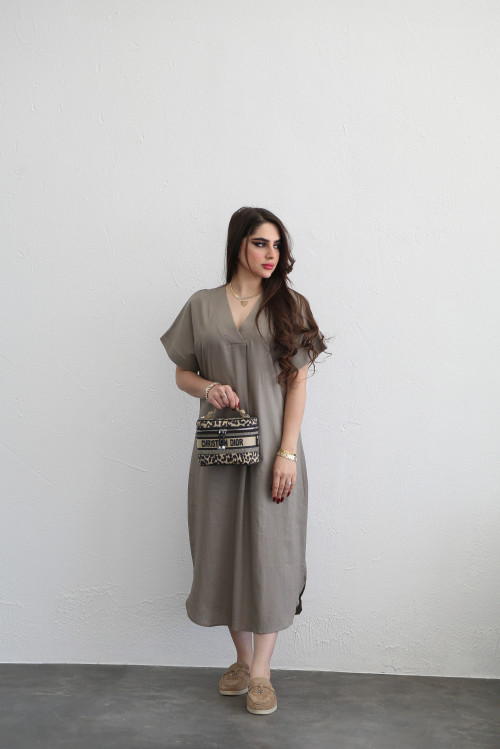 Taupe V-neck midi dress