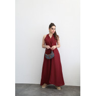 Long maroon dress with V-slit and tie-back design