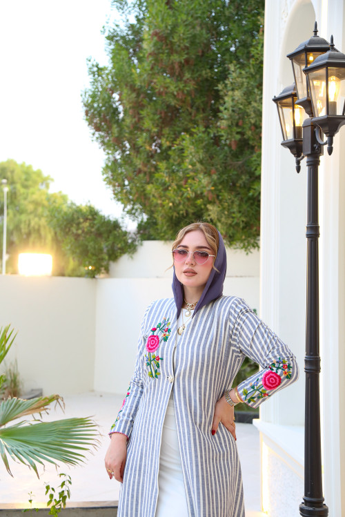 كتان مصري- Grey Striped 