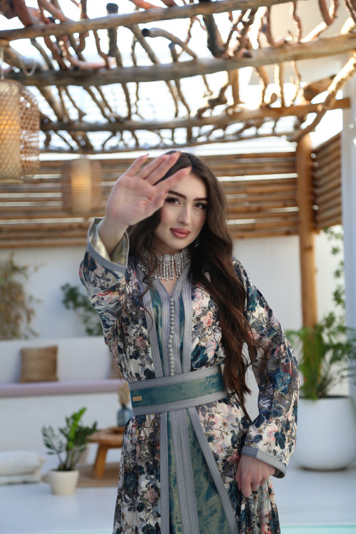 Gray and turquoise floral kaftan