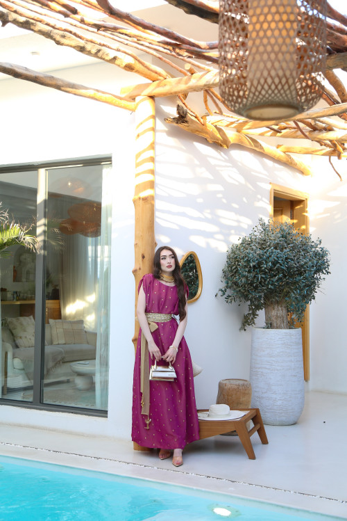 Magenta color embroidered dress