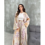 A long cotton kimono set with a purple and orange tree print with elastic trousers