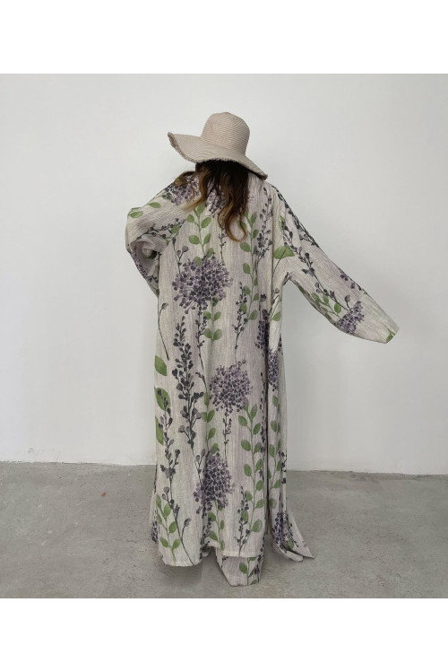 A long cotton kimono set with a purple and green tree print with elastic trousers