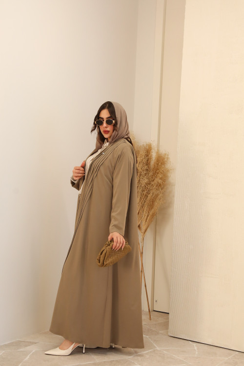 Abaya with front pleats in earthy beige