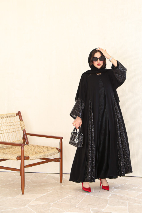 Double chiffon abaya with handmade lace