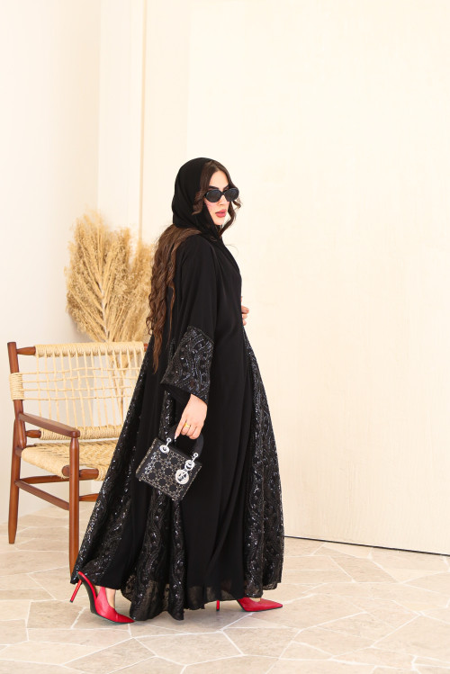 Double chiffon abaya with handmade lace