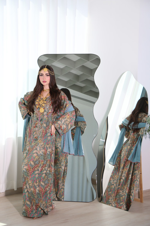 Long Balochi traditional dress in Tiffany grey