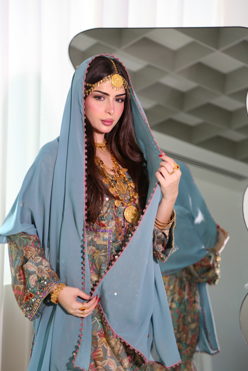 Long Balochi traditional dress in Tiffany grey