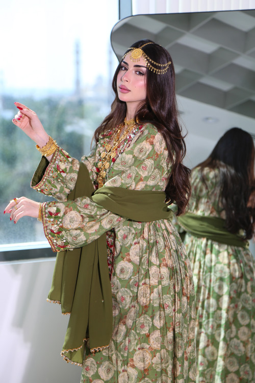 Olive long Balochi traditional dress