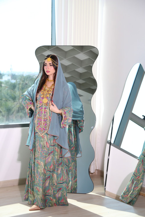 Long Balochi traditional dress in Tiffany colour