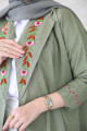 Linen green abaya with a blazer on the chest woven with threads and beads