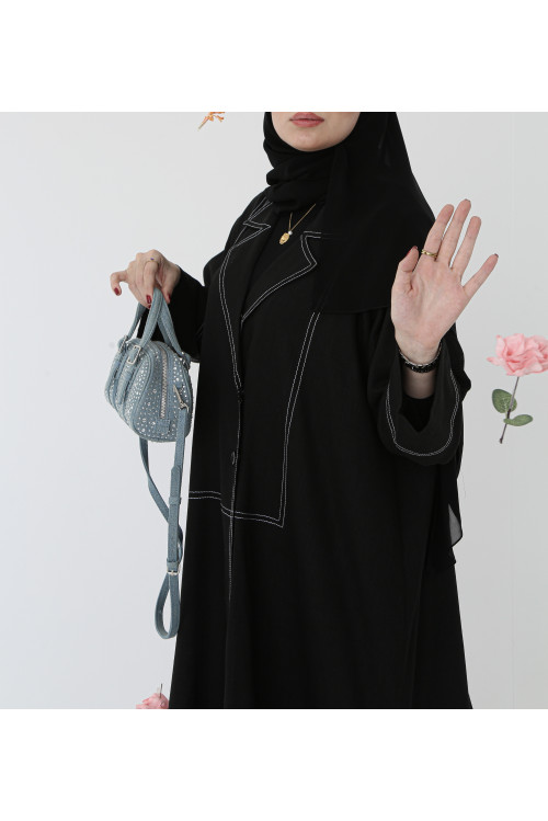 A practical black abaya with white threads 