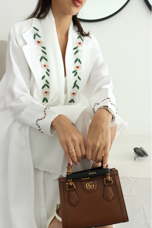 White Lenin abaya with a chest blazer embellished with threads and beads, handmade