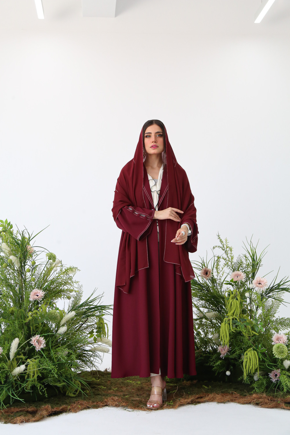 Burgundy Embroidered Crepe Satin Abaya