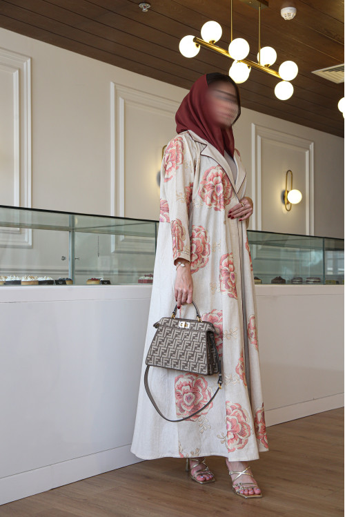 Natural Linen Abaya with luxurious large roses embroidery and a chest blazer