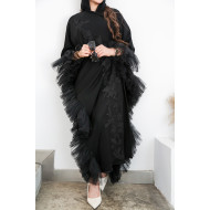 Wide Bahraini abaya with tulle ruffles