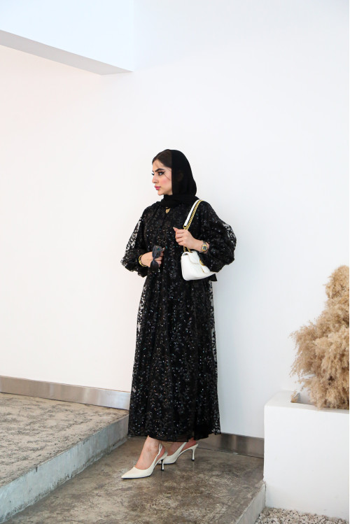 Black lace abaya embroidered with sequins