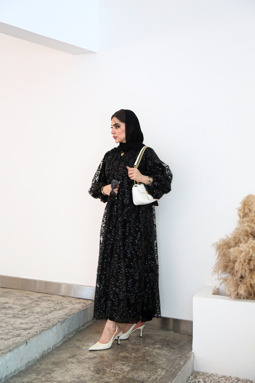 Black lace abaya embroidered with sequins