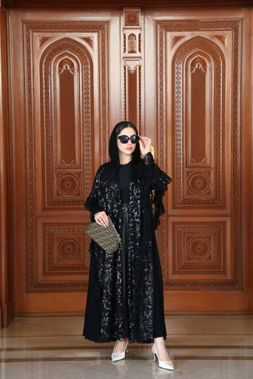 Black tulle abaya with luxurious beads