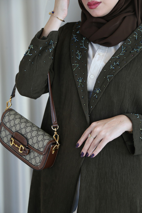 Olive blazer abaya with handmade shawl