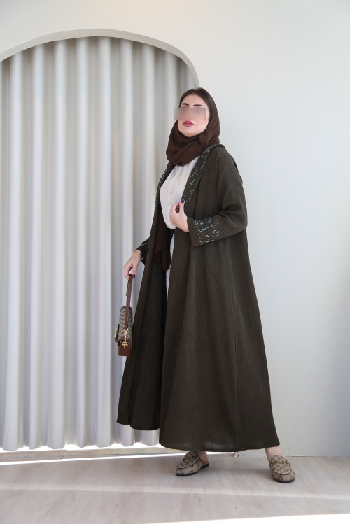 Olive blazer abaya with handmade shawl