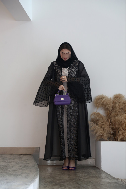 Black abaya with a combination of materials