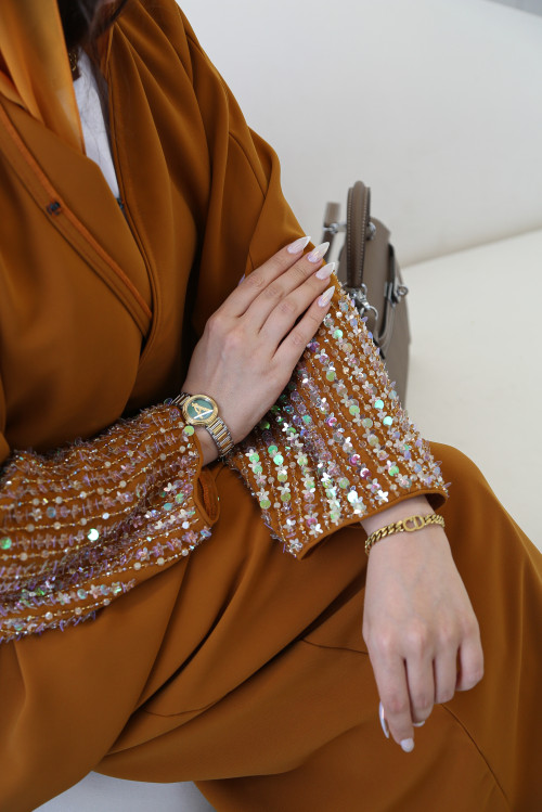 Copper abaya with ruffled sleeves