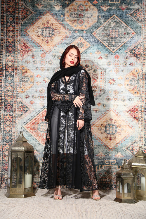 Occasion abaya with prominent lace inserts