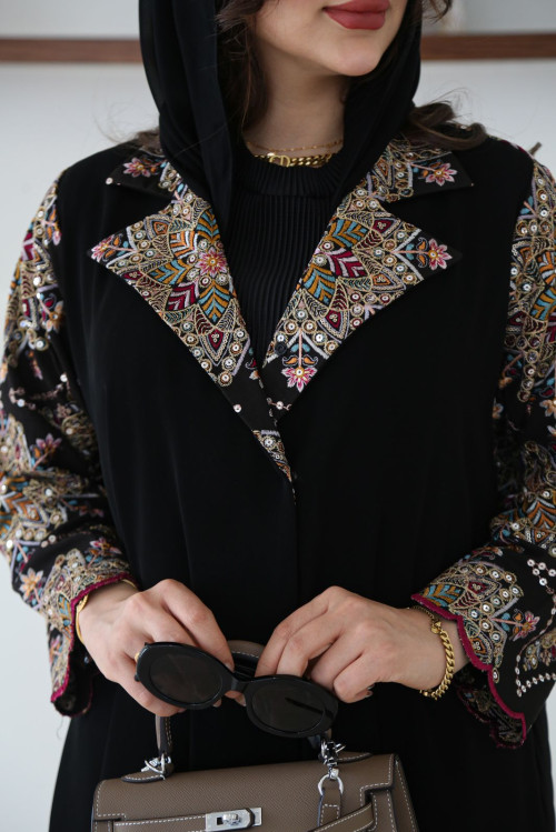 Black embroidered jacket linen abaya