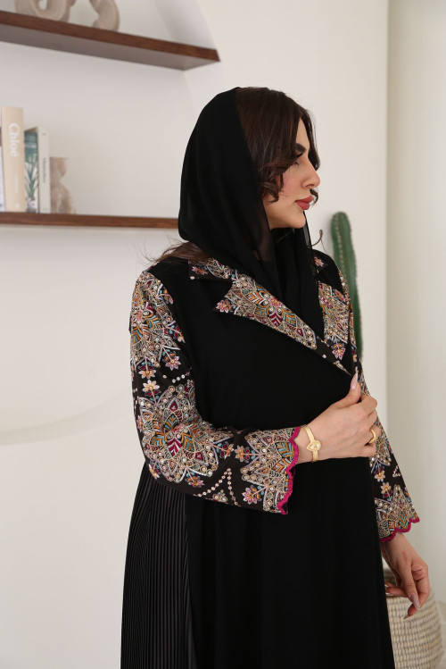 Black embroidered jacket linen abaya