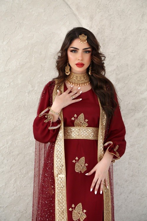 Maroon bisht embroidered with gold