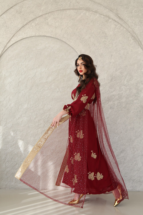 Maroon bisht embroidered with gold