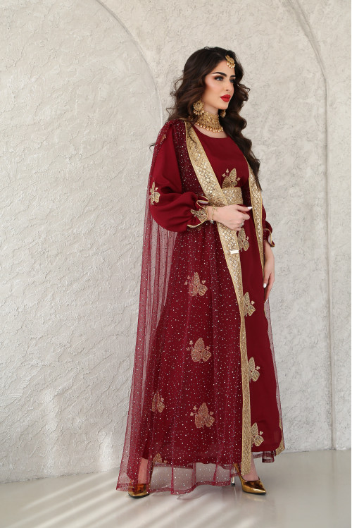 Maroon bisht embroidered with gold