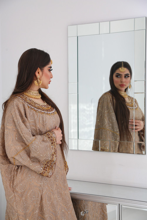 A wide shield embroidered with beige pearl and crystal