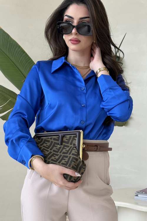 Silky blue shirt connected to the culottes