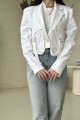 White jacket, luxurious material, with a prominent button and pockets